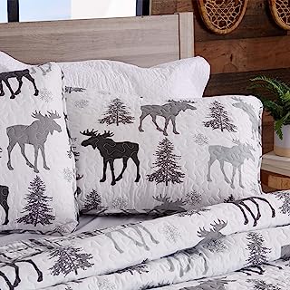 Book Cover Lodge Bedspread Twin Size Quilt with 1 Sham. Cabin 2- Piece Reversible All Season Quilt Set. Rustic Quilt Coverlet Bed Set. Wilderness Collection (Moose - Grey)