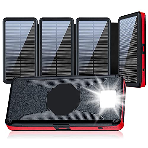 Solar Charger 26800mAh Portable Solar Power Bank with 4 Solar Panels for Outdoor, 2 Inputs 2 Outputs USB Compatible with Most Smartphones, Tablets, Water-Resistant Charger Pack with LED Flashlight