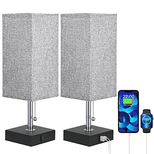 USB Table Lamp, Aooshine Bedside Table Lamps with 2 Useful USB Charging Ports, Solid Wood Nightstand Lamp with Grey Fabric Shade, Ambient Light Perfect for Bedroom, Living Room, Study Room (Pack of 2)