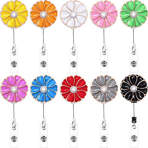 Boao Retractable Badge Holder with Alligator Clip, Badge Clips ID Badge Reel Clip on Card Holders, 10 Pieces (Flower and Pearl)
