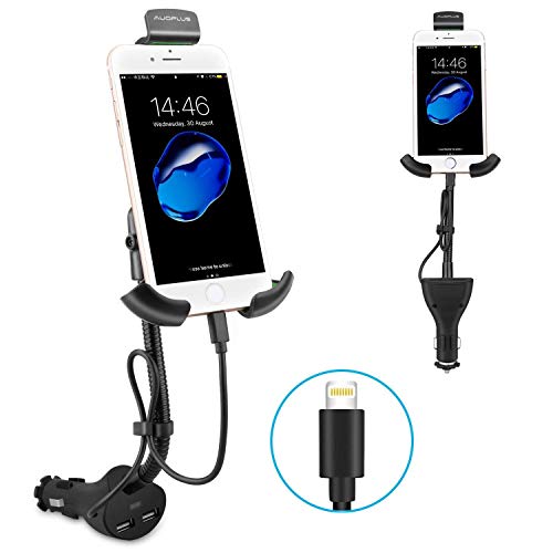 [Upgraded] AUOPLUS Gooseneck Car Outlet Mount Cigarette Lighter Phone Holder Charger with Built-in Charging Cord Compatible with iPhone