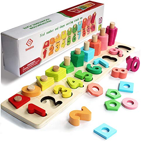 Book Cover Sendida Montessori Math Shapes Puzzle Toys - Toddlers Stacking Wood Blocks Number Toys Stacking Shape Sorting Toys Early Learning Toys for Kids Preschool Counting