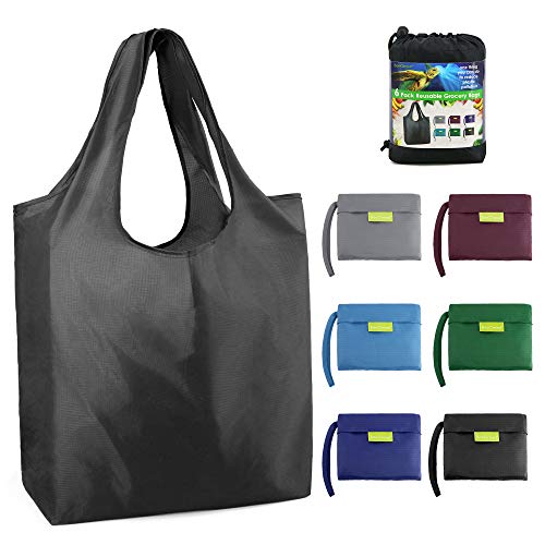 BeeGreen Reusable Grocery Bags Foldable Shopping Bag Large 50LBS Reusable Tote Groceries Bags with Pouch Bulk 6 Pack Ripstop Fabric Washable Durable Lightweight Black Grey Royal Navy Teal Moss