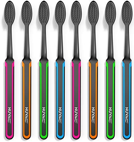 Book Cover Nuva Dent: Ultra Soft Bristle Charcoal Toothbrushes - Gentle, Slim Brush Head, Medium Tip - Clean Plaque, Whiten Teeth - Works w/ Activated Charcoal Toothpaste or Teeth Whitening Products, 8 Pack