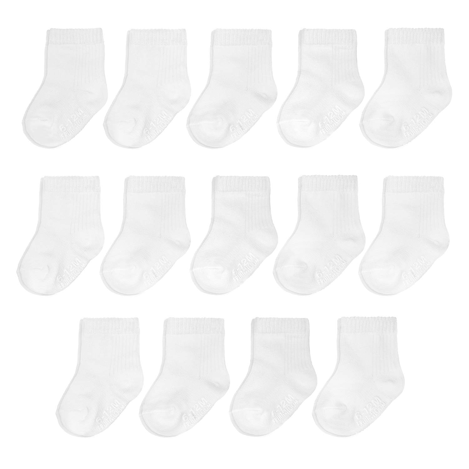 Fruit of the Loom Baby 14-Pack Grow & Fit Flex Zones Cotton Stretch Socks - Unisex, Girls, Boys 0-6 Months White