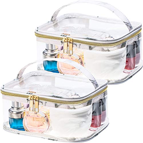 Boao 2 Pieces Portable Marble Pattern Clear Makeup Bag Gold Zipper Waterproof Transparent Travel Storage Pouch Cosmetic Toiletry Bag with Handle (White)