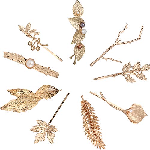 9 Pack Gold Vintage Retro Geometric Minimalist Branch Leaf Flower Hair Clip Snap Barrette Comb Stick Claw Crab Clamp Bobby Pins Alligator Hairclips Metal Wedding Party Hair Styling Accessories