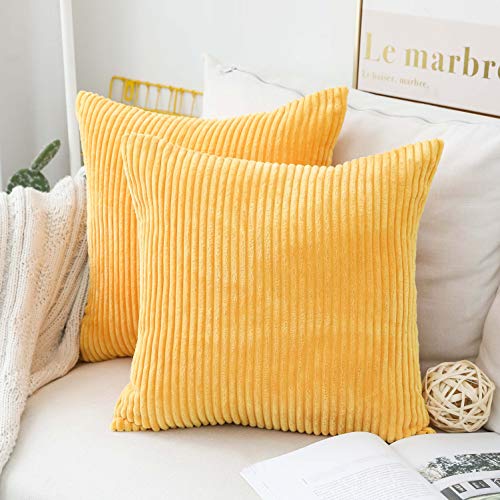 Book Cover Home Brilliant Spring Decor Pillow Covers Super Soft Decorative Striped Corduroy Velvet Square Mustard Throw Pillow for Couch Sofa Cushion Covers Set of 2, 18x18 inch (45cm), Sunflower Yellow