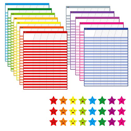 12 Pack Multi-Color Dry Erase Incentive Chart/Chore/Responsibility/School Attendance/Homework Progress Tracking Chart with 2112 Reward Star Stickers, (17" x 22")