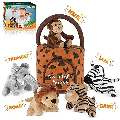 Book Cover HAKOL Jungle Friends Talking Plushie Set - for 1 Year Old & up Boy & Girl Baby, Realistic Sounding Stuffed Animal Toys Babies, Toddlers & Children - Lion, Elephant, Tiger, Zebra & Monkey - Carrier