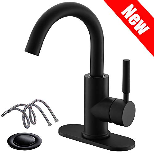 Single-Handle High-Arc Stainless Steel Faucet For Pre-Kitchen Sink/Bar Sink/Bathroom Sink By Phiestina, With 4 Inch Deck Plate And Supply Hoses, Mattet Black, WE08E-MB
