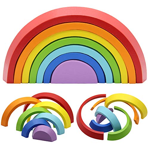 Book Cover MorTime Wooden Rainbow Stacker, Tunnel Stacking Game, Jigsaw Puzzles Educational Toys, Shape Matching Learning Toy Set, Early Development Gift for Toddler