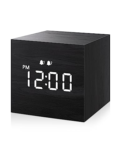 JALL Digital Alarm Clock, with Wooden Electronic LED Time Display, 3 Dual Plus Alarm, 2.5-inch Cubic Small Mini Wood Made Electric Clocks for Bedroom, Bedside, Desk, Black
