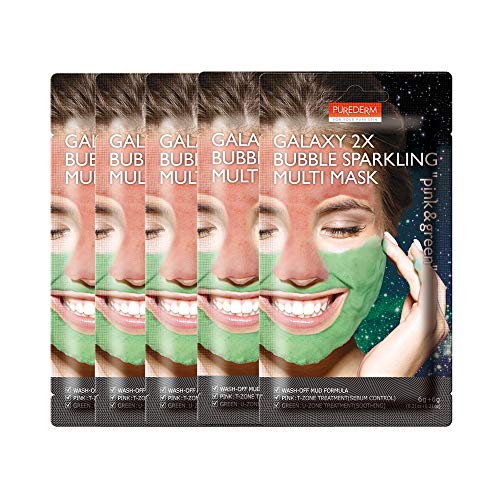 PUREDERM Galaxy 2X Bubble Sparkling Multi Mask (pink&green) 0.21oz+0.21oz x 5ea / Korean beauty/Bubble mask/Mud mask/T-zone mask/U-zone mask/Sebum control/Skin soothing