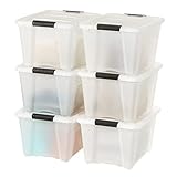 IRIS USA 32 Qt Stackable Plastic Storage Bins with Lids, 6 Pack - BPA-Free, Made in USA - Discreet Organizing Solution, Latches, Durable Nestable Containers, Secure Pull Handle - Pearl