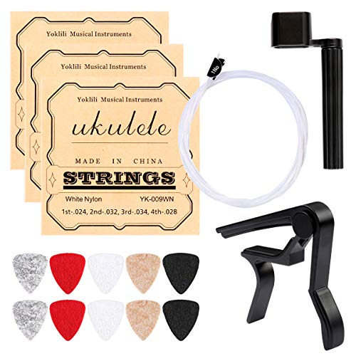 Book Cover Ukulele Strings, Yoklili 5 Sets of Nylon Ukulele Strings with 10 Felt Picks, String Winder for Soprano (21 Inch) Concert (23 Inch) Tenor (26 Inch) Ukulele, and Capo included