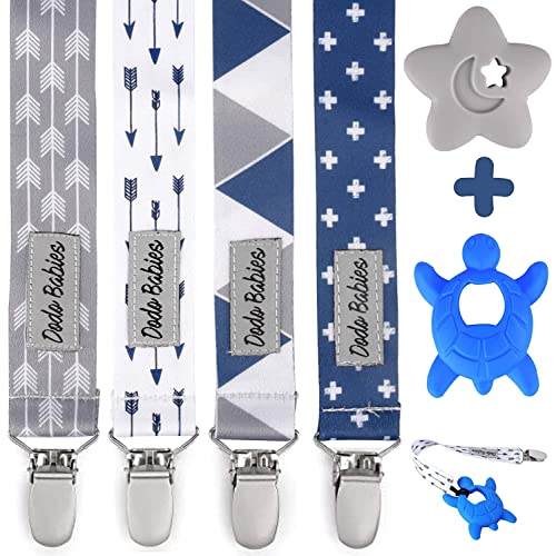 Dodo Babies Pacifier Clip & Teether Toy Set - Universal Pacifier Holder Loop - Silicone Teethers for Baby Teething Toys - 6 Piece Set, Blue & Gray