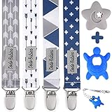 Dodo Babies Pacifier Clip & Teether Toy Set - Universal Pacifier Holder Loop - Silicone Teethers for Baby Teething Toys - 6 Piece Set, Blue & Gray