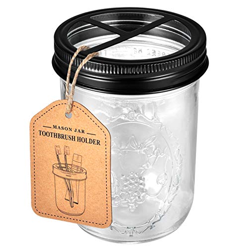 Andrew & Sarah Mason Jar Toothbrush Holder -Black - with 16 Ounce Ball Mason Jar,Premium Rustproof 304 Stainless Steel Lid and Chalkboard Labels - Rustic Farmhouse Decor Black Bathroom Accessories