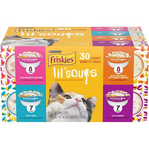 Purina Friskies Grain Free Wet Cat Food Complement Variety Pack, Lil' Soups Salmon, Tuna, Chicken & Shrimp - (30) 1.2 oz. Cups