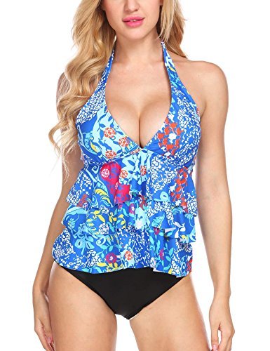 ADOME Women's Peplum Tankini Set Ruffles Halter Tankini Set Push Up Bathing Suit Swimsuits