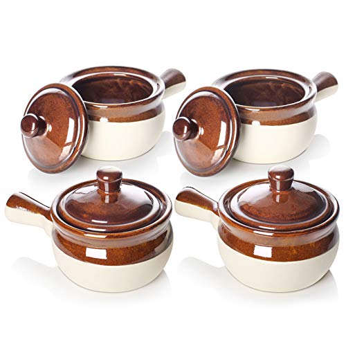 LIFVER French Onion Soup Crock with Handles and Lids, 18-oz Ceramic Soup Bowls, Set of 4