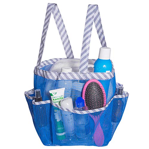 Book Cover Attmu Mesh Shower Caddy, Quick Dry Shower Tote Bag Oxford Hanging Toiletry and Bath Organizer with 8 Storage Compartments for Shampoo, Conditioner, Soap and Other Bathroom Accessories (Blue Stripe)