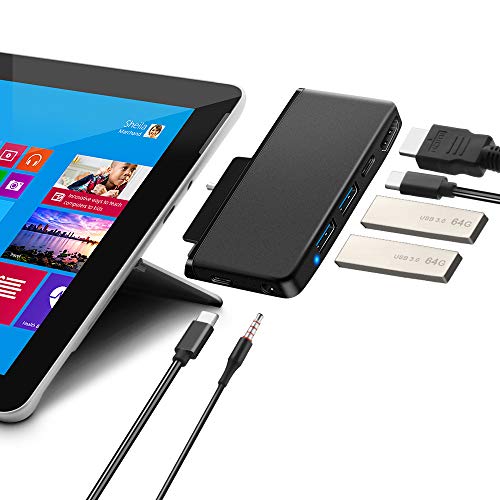 Book Cover Surkit Surface Go USB C Hub HDMI Docking Station, 4K HDMI, USB 3.0 x 2, USB Type C x 1(Data), USB Type C x 1(PD Charge), Audio Output(Headset). Portable Accessories for Surface Go