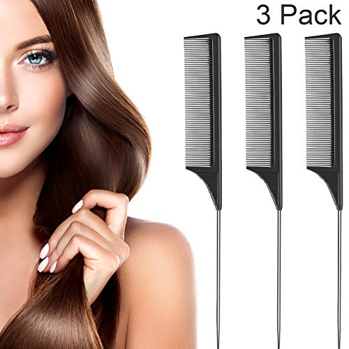 Book Cover 3 Packs Rat Tail Comb Steel Pin Rat Tail Carbon Fiber Heat Resistant Teasing Combs with Stainless Steel Pintail (Black)