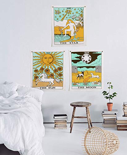 Book Cover Madhu International Tarot Flag Tapestry The Sun The Moon The Star Tapestry Hippie Cotton Printed Handmade Wall Hanging Wall Tapestries with Steel Grommets (Pack of 3, 20