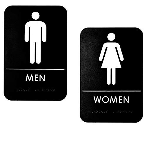 Alpine Industries Men's & Women's Restroom Signs, Set of 2 - Durable Vertical Self Adhesive Back & White Bathroom Door Sign/Placard w/ Braille Lettering For Business Office & Restaurant