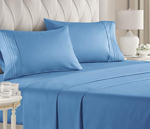 California King Size Sheet Set â€“ 4 Piece - Hotel Luxury Bed - Extra Soft - Deep Pockets - Breathable & Cooling - Wrinkle Free - Comfy â€“ Denim Blue Sheets - Cali Kings Sheets Denim Blue 4PC