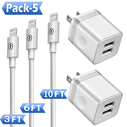 Phone Charger (Pack of 5), DENWAN 3ft+6ft+10ft Long Charging Cable and Dual USB Wall Plug Charger Block Cube Compatible with iPhone Xs/XR/X 8/7/6/Plus SE/5S/5C, iPad Air Mini Pro (UL Certified)