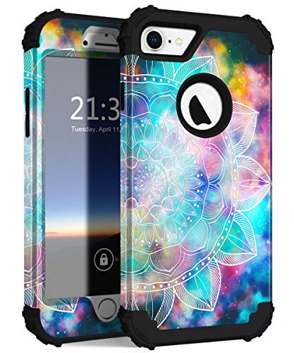 iPhone 8 Case, iPhone 7 case PIXIU Three Layer Heavy Duty Hybrid Sturdy Armor Shockproof Protective Phone Cover Cases for Apple iPhone 8 and iPhone 7 Mandala Flower