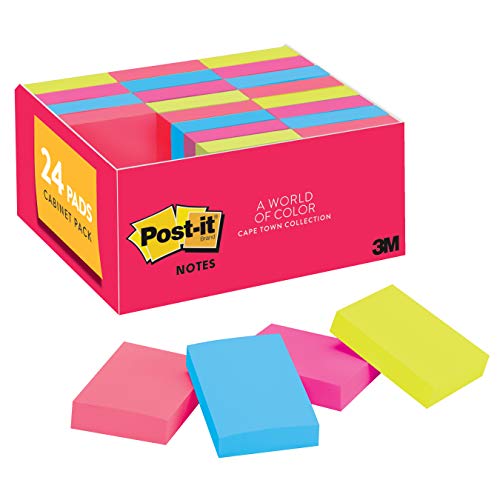 Post-it Mini Notes, 1.5x2 in, 24 Pads, America's #1 Favorite Sticky Notes, Cape Town Collection, Bright Colors (Magenta, Pink, Blue, Green), Clean Removal, Recyclable (653-24ANVAD)