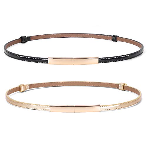 JASGOOD Women's Skinny Patent Leather Belt Adjustable Slim Waist Belt with Gold Buckle for Dress
