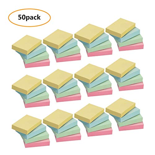 50 Pads Tiny Sticky Notes, 100 Sheets/Pad, 4 Colors Mini Sticky Notes, 1 1/2 x 2 Plain Small Removable Self Stick On Note Memo Pad for Office, School, Home.