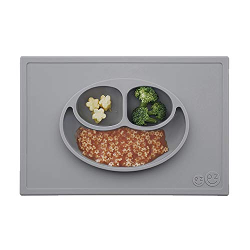 Book Cover ez pz Happy Mat (Gray) - 100% Silicone Suction Plate with Built-in Placemat for Toddlers + Preschoolers - Divided Plate - Dishwasher Safe,Gray, One Size (LMHMA005)