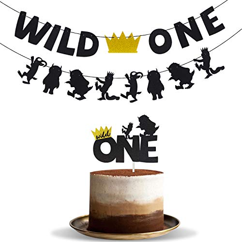 Book Cover Joymee Wild One Banner with Wild One Cake Topper,Kids Boy or Girl 1st First Birthday Party Supplies Black Glitter Handmade Decorations