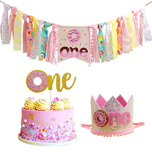 Donut High Chair Banner for 1st Birthday Party Decorations - Photo Booth Props, Birthday Gifts and Souvenir for First Baby Girl