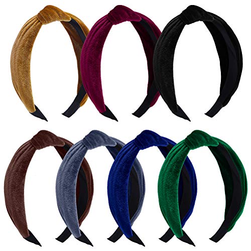 ELCOHO 7 Pieces Velvet Wide Plain Headbands Knot Turban Headband Elastic Headwear Accessories for Women and Girls, 7 Colors