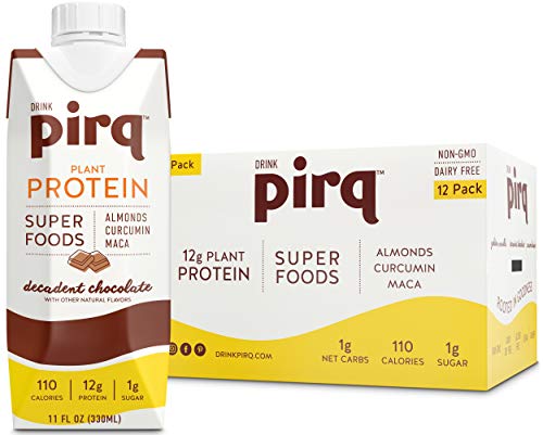 Pirq, Vegan Plant Based Protein Shake, Low Calorie, Low Carb, Superfood, Almonds, Turmeric Curcumin, Maca, Gluten Free, Dairy Free, Soy Free, Kosher, Non-GMO, Keto (Decadent Chocolate, 12 Pack)