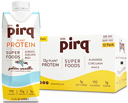 Pirq, Vegan Plant Based Protein Shake, Low Calorie, Low Carb, Superfood, Almonds, Turmeric Curcumin, Maca, Gluten Free, Dairy Free, Soy Free, Kosher, Non-GMO, Keto (Golden Vanilla, 12 Pack)