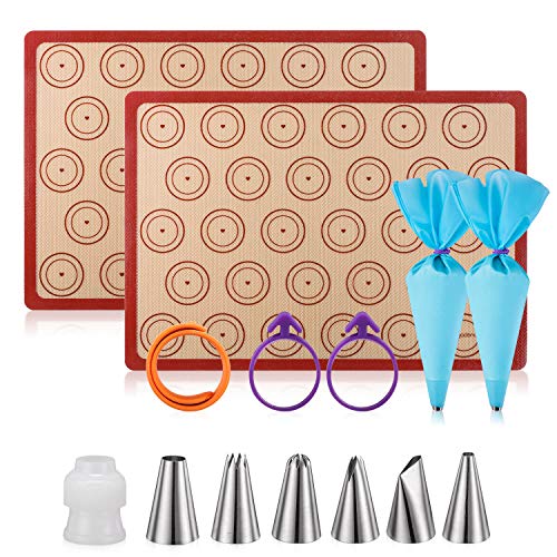 Silicone Baking Mat Macaron Mat Kit(14pcs set) Macaroon Baking Mat Set of 2 Half Sheet Macaron Silicone Mat Nonstick Macaron Mat Sheet,6 Piping Tip,2 Piping Bag with 2 Bag Tie,1 coupler (11.6"x16.5")