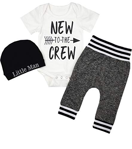 Newborn Baby Boy Clothes New to The Crew Letter Print Romper Bodysuit+Pants+Hat 3PCS Outfits