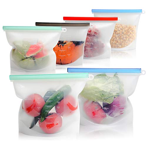 Reusable Produce Bags with Ziplock, JR.WHITE Ecological Silicone Ziplock Bags with Measurements (2 Large + 4 Medium), Ideal for Mason Jars Food Snacks Sandwich Freezer Storage & Airtight Seal