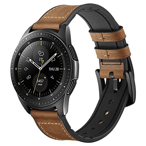 Maxjoy Compatible with Galaxy Watch 42mm/Active 2 Watch/Galaxy Watch 3 41mm Band, 20mm Hybrid Sports Vintage Leather Sweatproof Strap Replacement for Samsung Watch 42mm/Galaxy Watch 3 41mm, Dark Brown