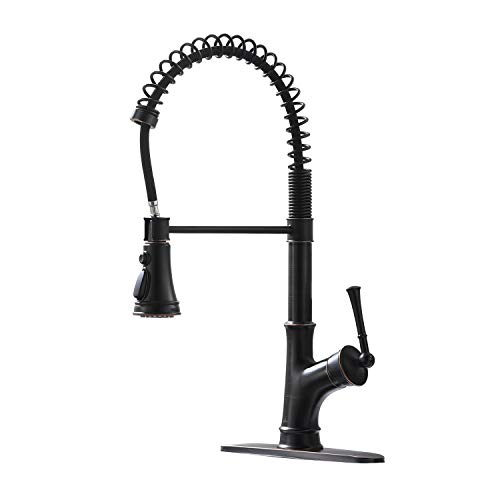 APPASO Commercial Oil Rubbed Bronze Single Handle Pull Down Kitchen Faucet with 3-Mode Sprayer, Antique Spring High Arc Kitchen Sink Faucet with Deck Plate