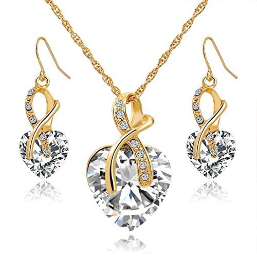 weel Gift! Gold Plated Jewelry Sets For Women Crystal Heart Necklace Earrings Jewellery Set Bridal Wedding Accessories (White)