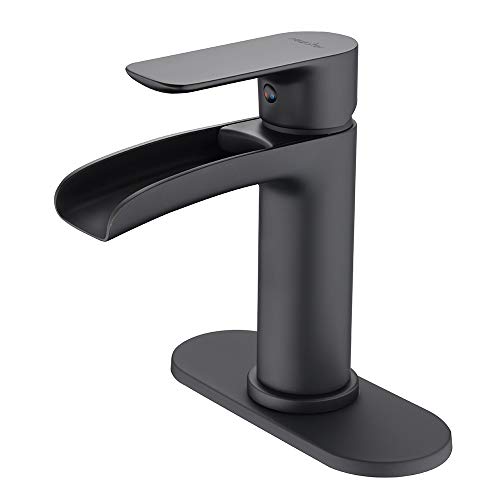 NEWATER Waterfall Brass Bathroom Faucet Single-Handle Sink Faucet Deck Mount Vanity Faucets Basin Mixer Tap Lavatory Commercialï¼ŒMatte Black